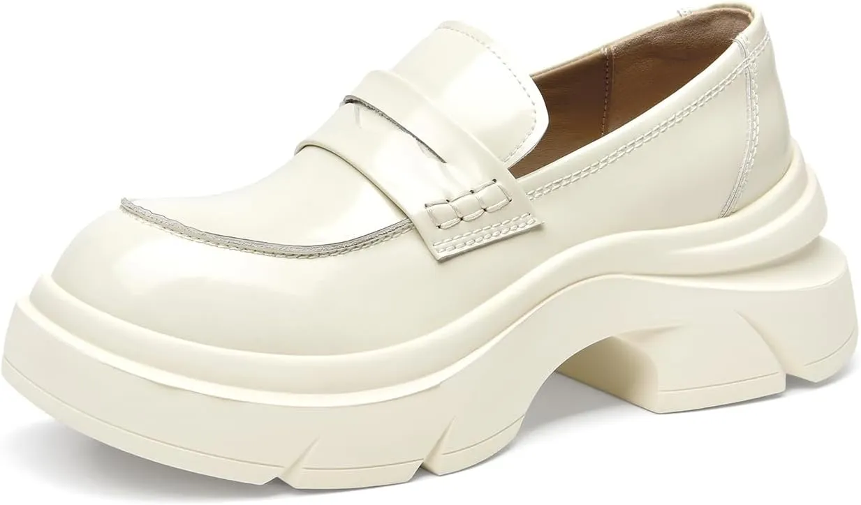 BEAU TODAY Womens Fashion Platform Loafers, Comfort Slip-on Leather Loafers with Chunky Heel, Round Toe Business Work Shoes
