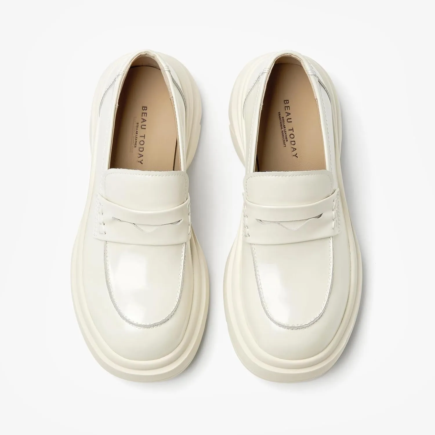 BEAU TODAY Womens Fashion Platform Loafers, Comfort Slip-on Leather Loafers with Chunky Heel, Round Toe Business Work Shoes
