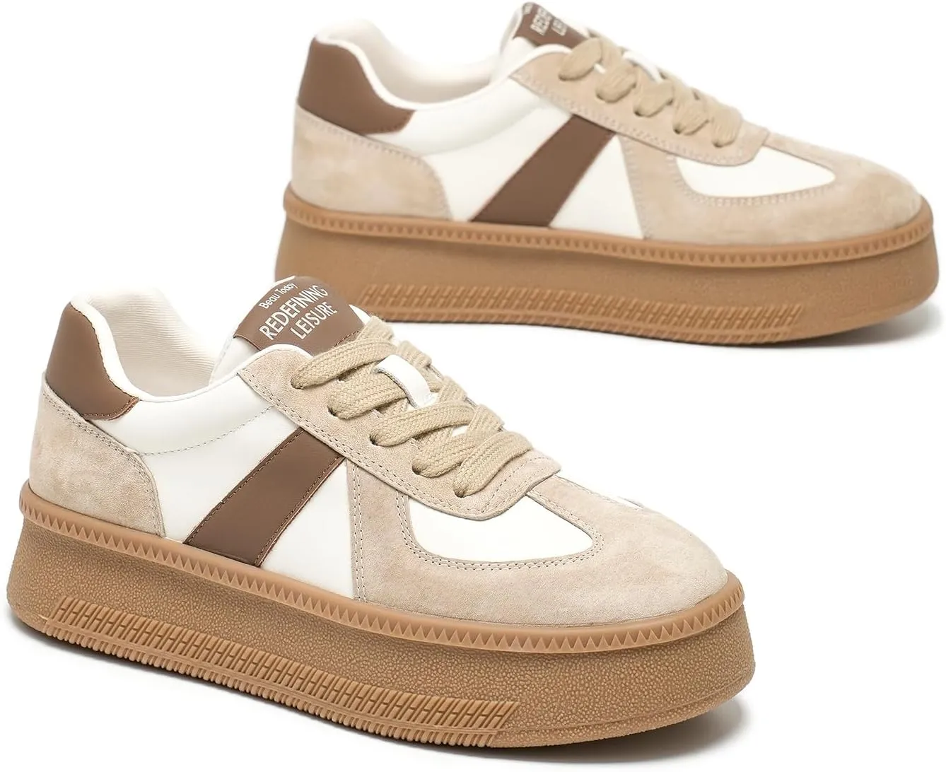 BEAU TODAY Women's Platform Fashion Sneakers, Classic Retro Trainers, Leather Casual Lace Up Skate Shoes, Comfortable Tennis Running Walking Shoes