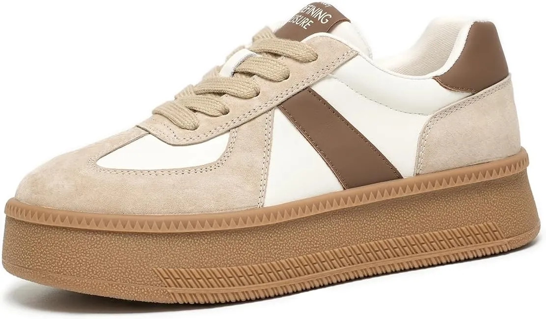 BEAU TODAY Women's Platform Fashion Sneakers, Classic Retro Trainers, Leather Casual Lace Up Skate Shoes, Comfortable Tennis Running Walking Shoes
