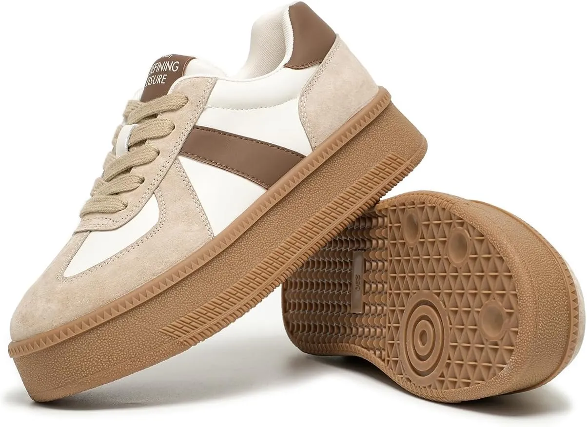 BEAU TODAY Women's Platform Fashion Sneakers, Classic Retro Trainers, Leather Casual Lace Up Skate Shoes, Comfortable Tennis Running Walking Shoes