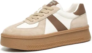 BEAU TODAY Women's Platform Fashion Sneakers, Classic Retro Trainers, Leather Casual Lace Up Skate Shoes, Comfortable Tennis Running Walking Shoes