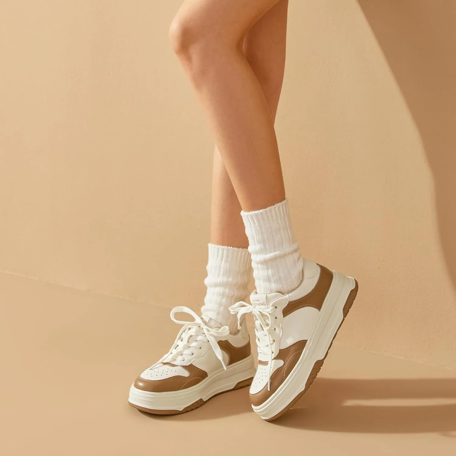 BEAU TODAY Women's Platform Sneakers,Fashion Leather Tennis Shoes for Women,Chunky Lightweight Comfortable Non Slip Lace up Dress Casual Walking Shoes