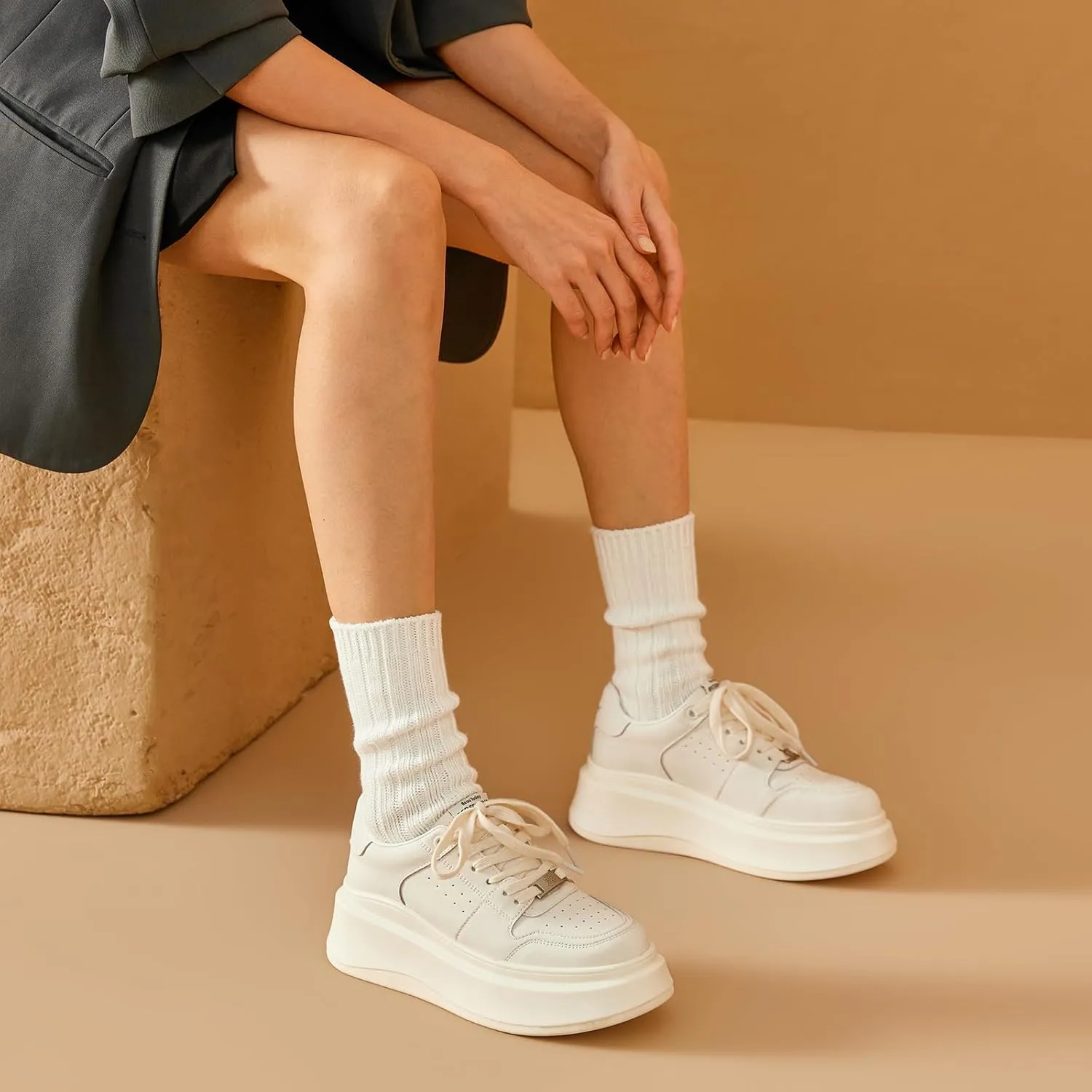 BEAU TODAY Women's Platform Sneakers,Fashion Leather Tennis Shoes for Women,Chunky Lightweight Comfortable Non Slip Lace up Dress Casual Walking Shoes
