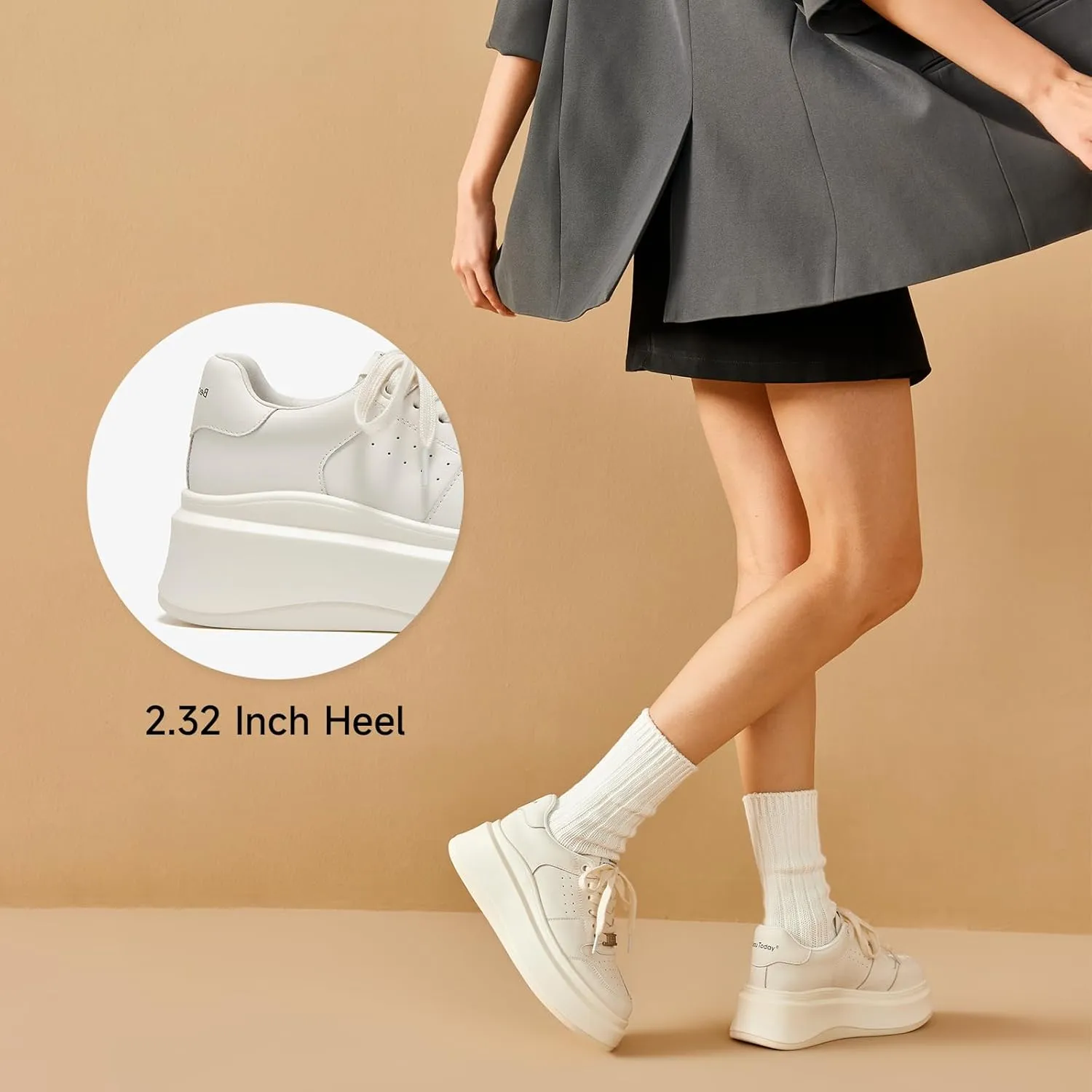 BEAU TODAY Women's Platform Sneakers,Fashion Leather Tennis Shoes for Women,Chunky Lightweight Comfortable Non Slip Lace up Dress Casual Walking Shoes