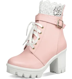 BEAUPAS Women's Chunky Platform High Heel Boots Lace Up Gothic Ankle Booties Block Heel Buckle Punk Shoes