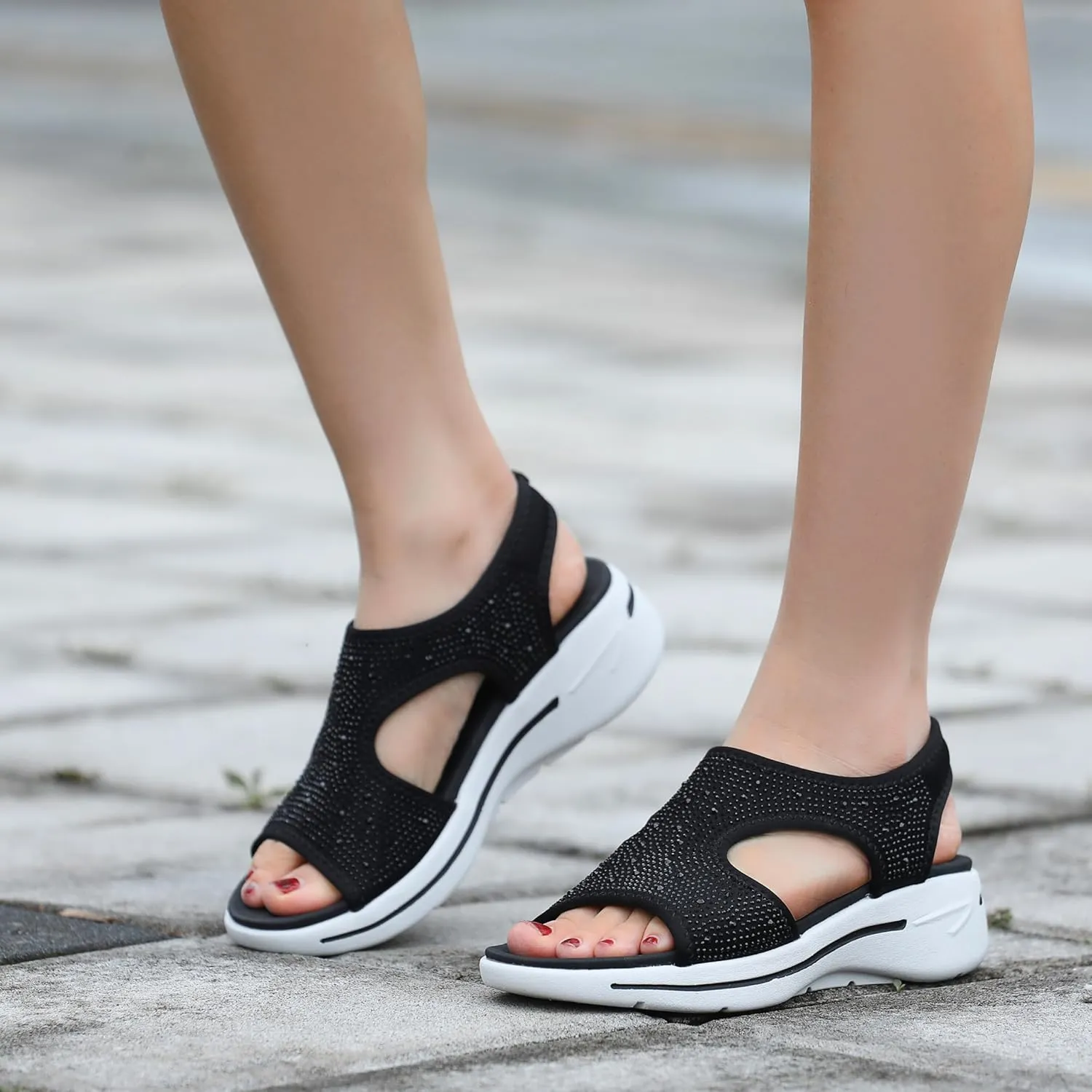 Bernal Women's Fashion Walking Sandals Comfortable Cushion Open-Toe Shoes Slip-On Platrorm Sandals with Diamonds