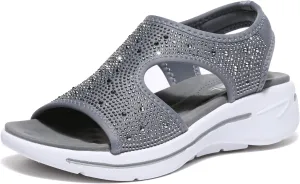Bernal Women's Fashion Walking Sandals Comfortable Cushion Open-Toe Shoes Slip-On Platrorm Sandals with Diamonds