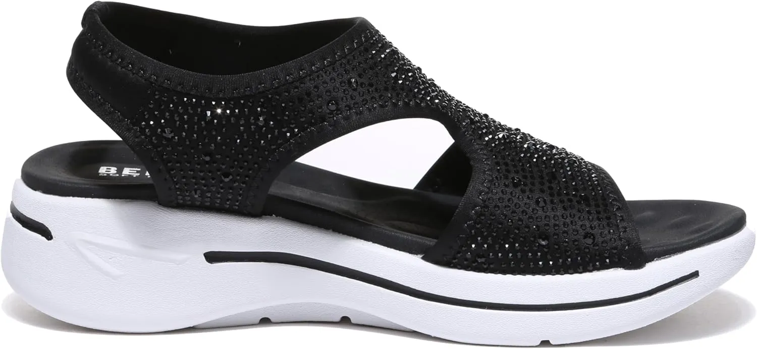 Bernal Women's Fashion Walking Sandals Comfortable Cushion Open-Toe Shoes Slip-On Platrorm Sandals with Diamonds
