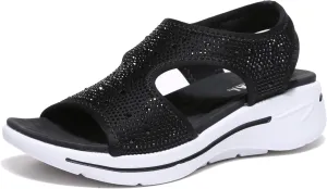 Bernal Women's Fashion Walking Sandals Comfortable Cushion Open-Toe Shoes Slip-On Platrorm Sandals with Diamonds