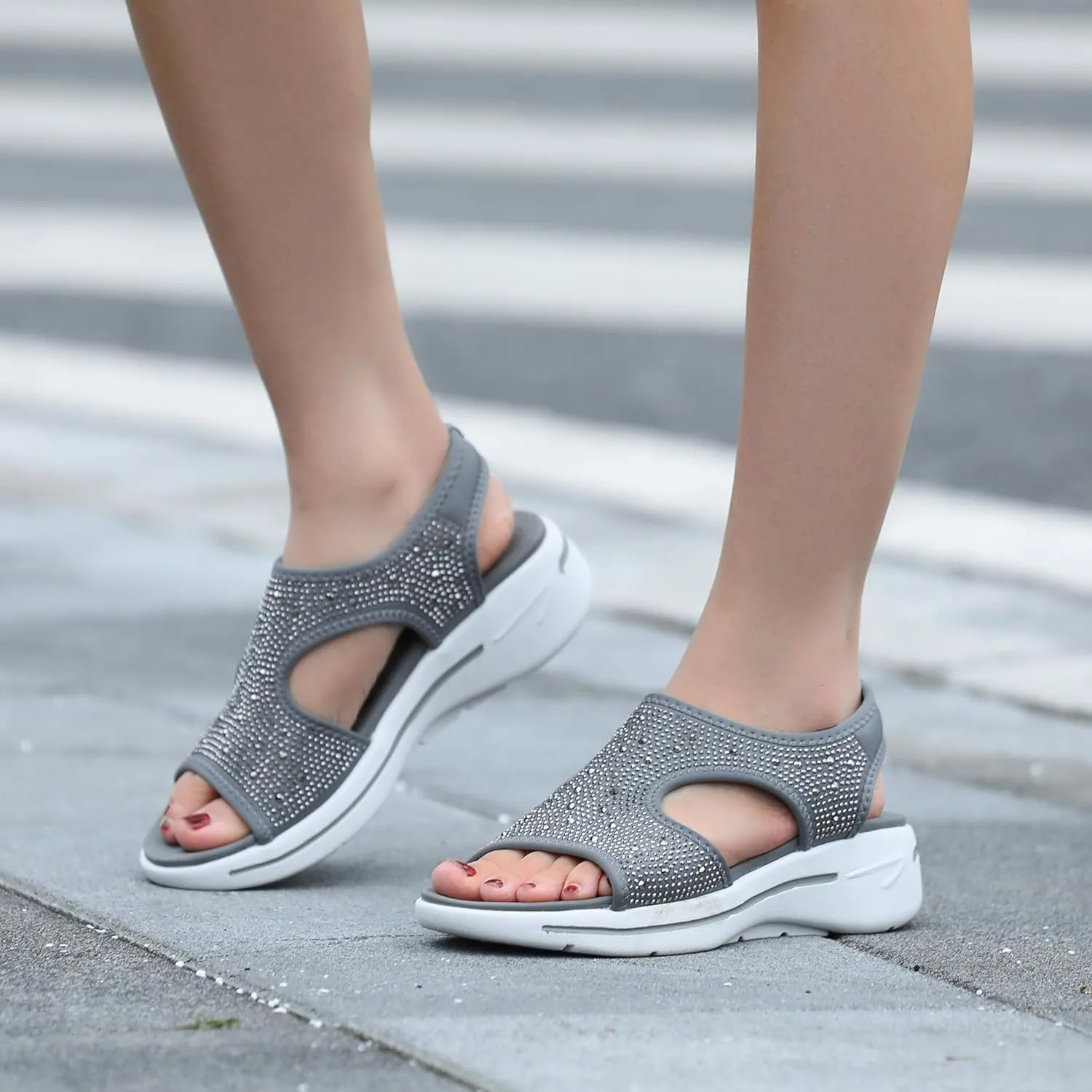 Bernal Women's Fashion Walking Sandals Comfortable Cushion Open-Toe Shoes Slip-On Platrorm Sandals with Diamonds