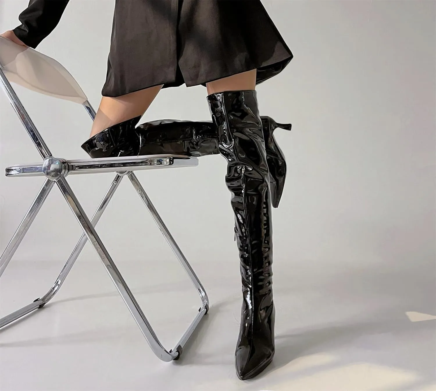 Betastella Women's Low Kitten Heel Thigh High Boots Patent Leather Pointed Toe Over The Knee High Boots