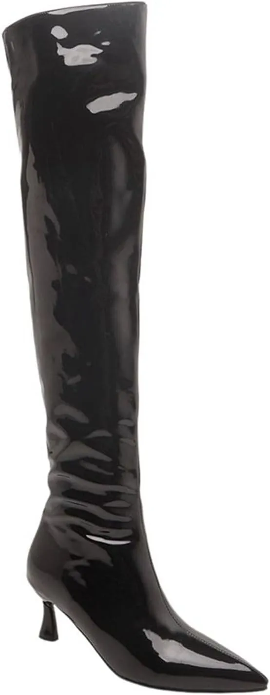 Betastella Women's Low Kitten Heel Thigh High Boots Patent Leather Pointed Toe Over The Knee High Boots