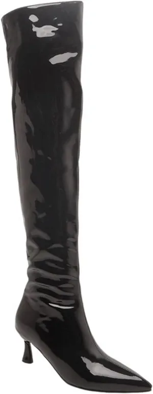 Betastella Women's Low Kitten Heel Thigh High Boots Patent Leather Pointed Toe Over The Knee High Boots