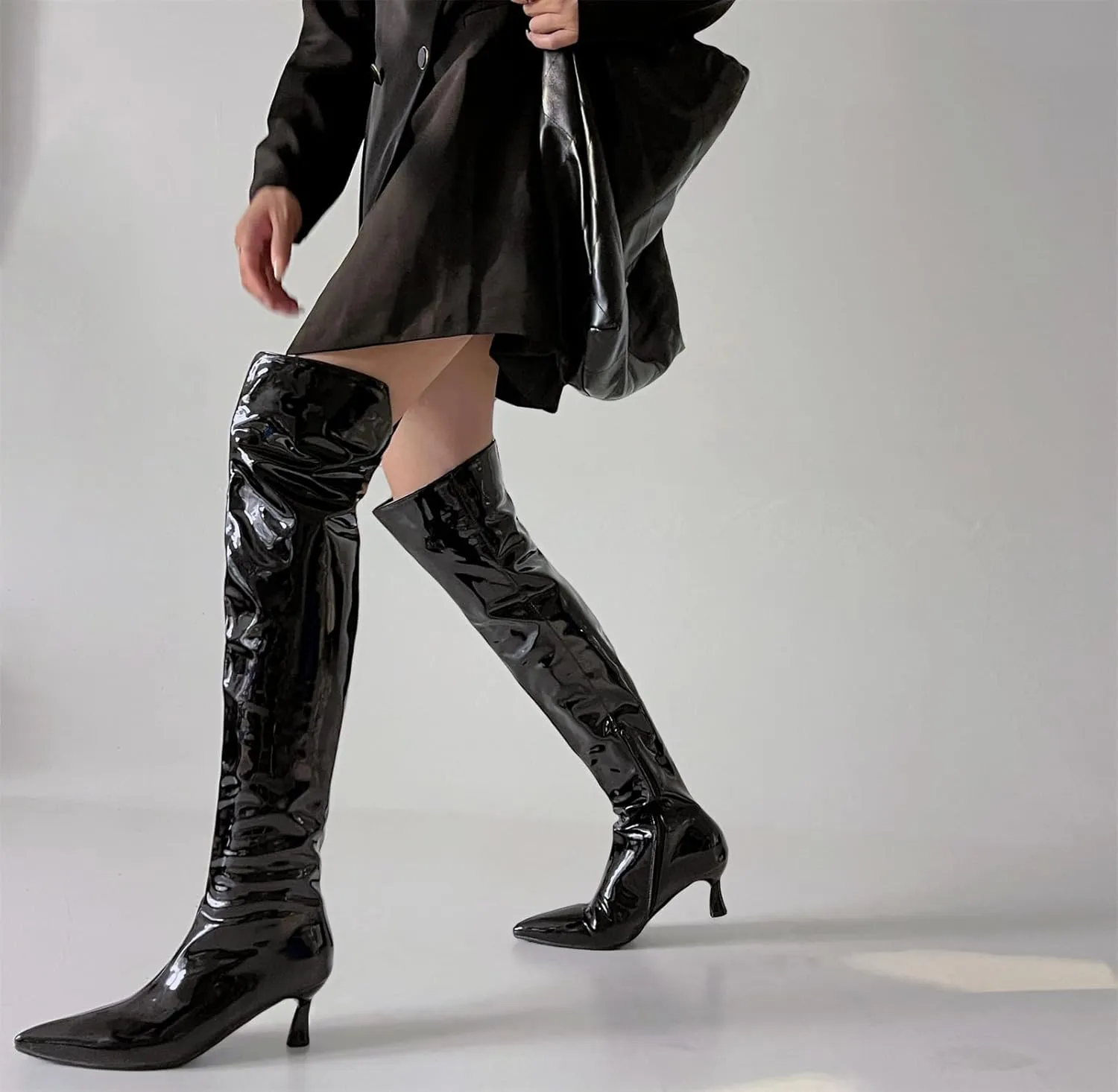 Betastella Women's Low Kitten Heel Thigh High Boots Patent Leather Pointed Toe Over The Knee High Boots