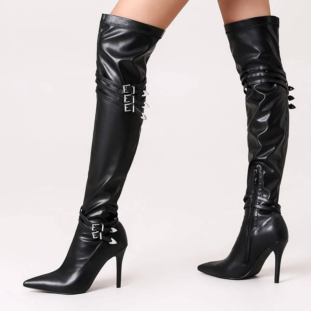 Black Buckle Sexy Over The Knee Thigh High Boots For Women Side zippper Pointed Toe Stiletto Long Shoes
