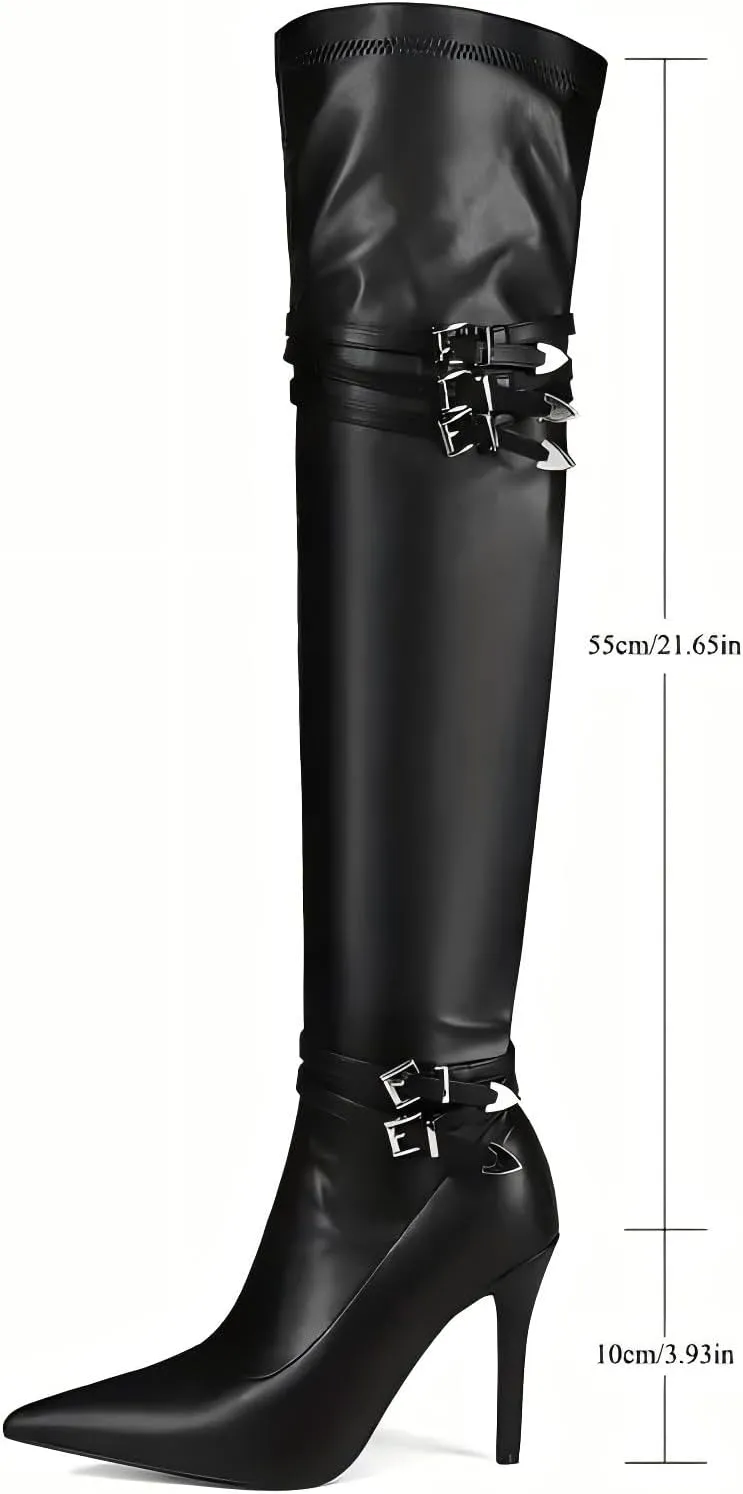Black Buckle Sexy Over The Knee Thigh High Boots For Women Side zippper Pointed Toe Stiletto Long Shoes