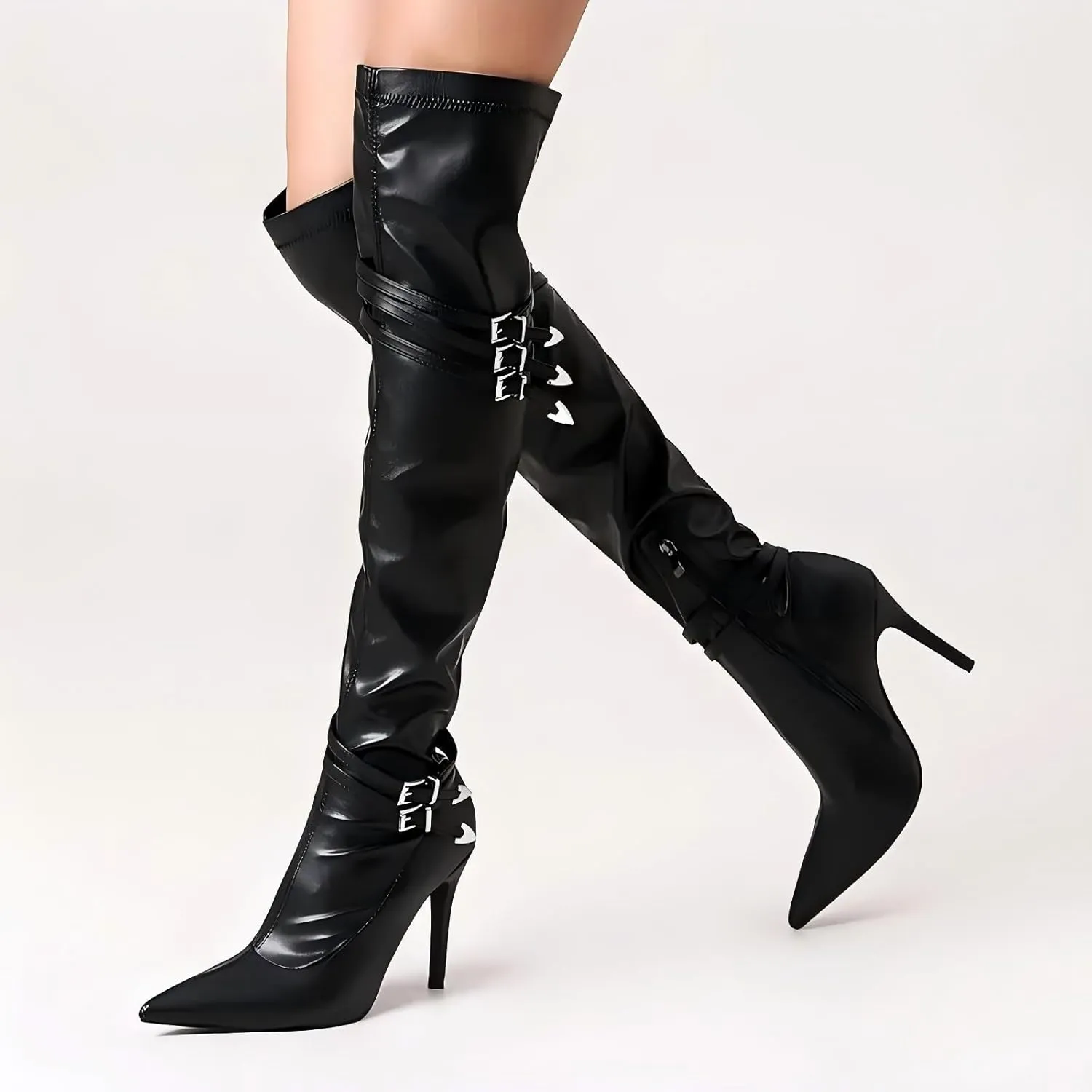 Black Buckle Sexy Over The Knee Thigh High Boots For Women Side zippper Pointed Toe Stiletto Long Shoes