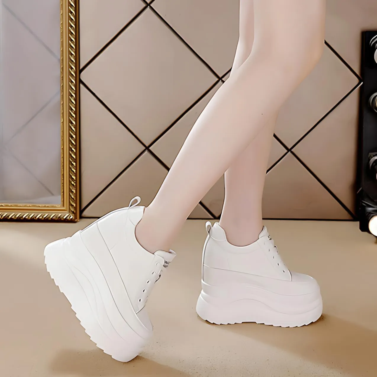 Black White Platform Sneakers for Women- 8cm Chunky Sole 5cm Hidden Wedge Heel-Leather Chunky Platform Shoes for Female Footwear