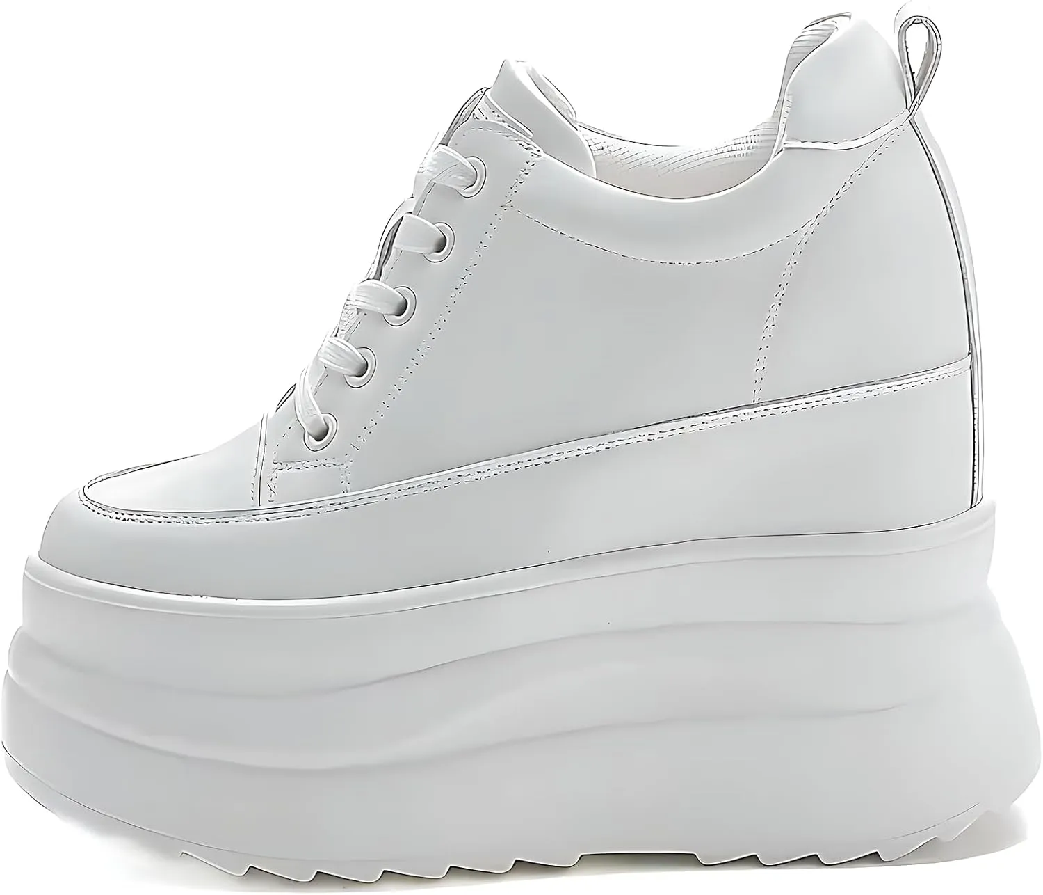 Black White Platform Sneakers for Women- 8cm Chunky Sole 5cm Hidden Wedge Heel-Leather Chunky Platform Shoes for Female Footwear