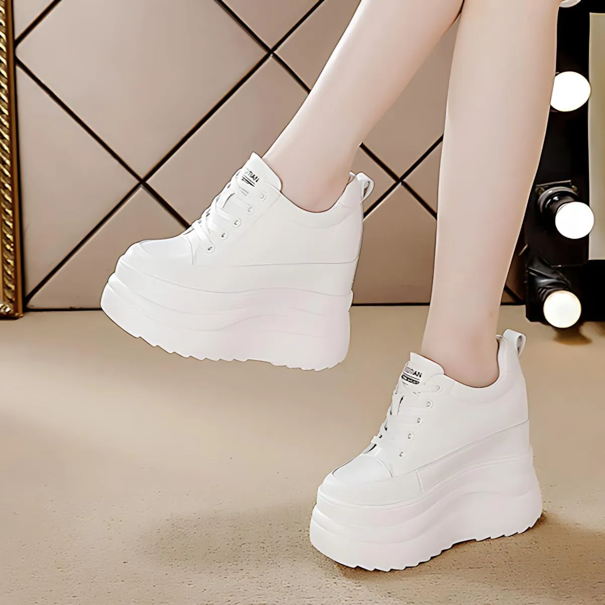 Black White Platform Sneakers for Women- 8cm Chunky Sole 5cm Hidden Wedge Heel-Leather Chunky Platform Shoes for Female Footwear