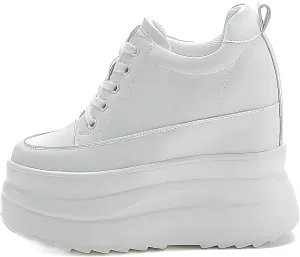 Black White Platform Sneakers for Women- 8cm Chunky Sole 5cm Hidden Wedge Heel-Leather Chunky Platform Shoes for Female Footwear