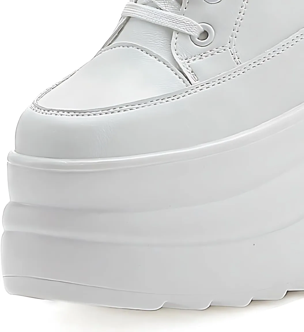 Black White Platform Sneakers for Women- 8cm Chunky Sole 5cm Hidden Wedge Heel-Leather Chunky Platform Shoes for Female Footwear