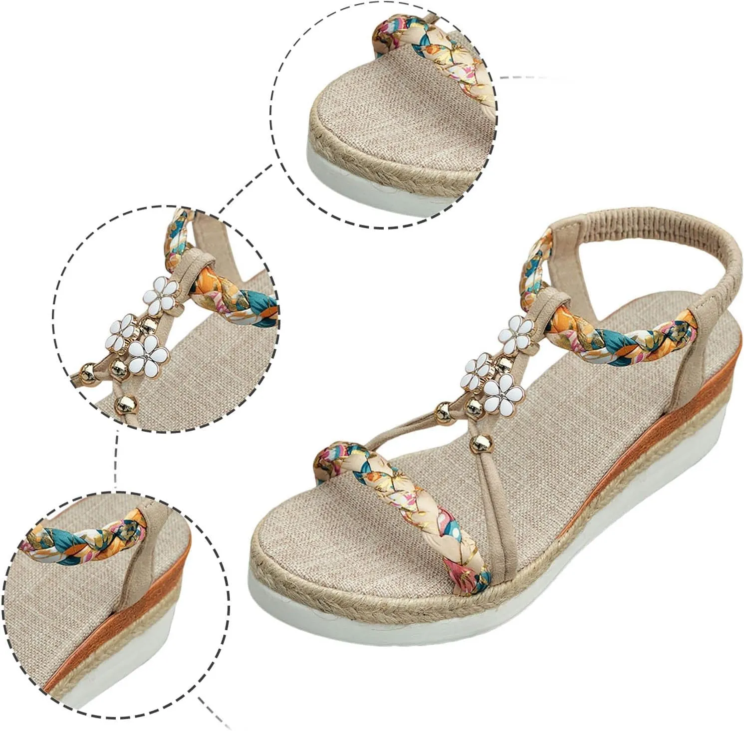 Boho Women's Wedge Sandals Wide Width Comfort Platform with Arch Support Elegant Ankle Strap Bohemian Sandals for Women Non-Slip Summer Beach Shoes Casual Dressy Walking Shoes