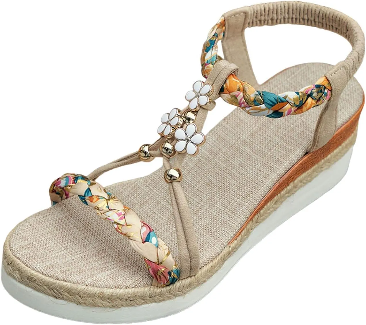 Boho Women's Wedge Sandals Wide Width Comfort Platform with Arch Support Elegant Ankle Strap Bohemian Sandals for Women Non-Slip Summer Beach Shoes Casual Dressy Walking Shoes