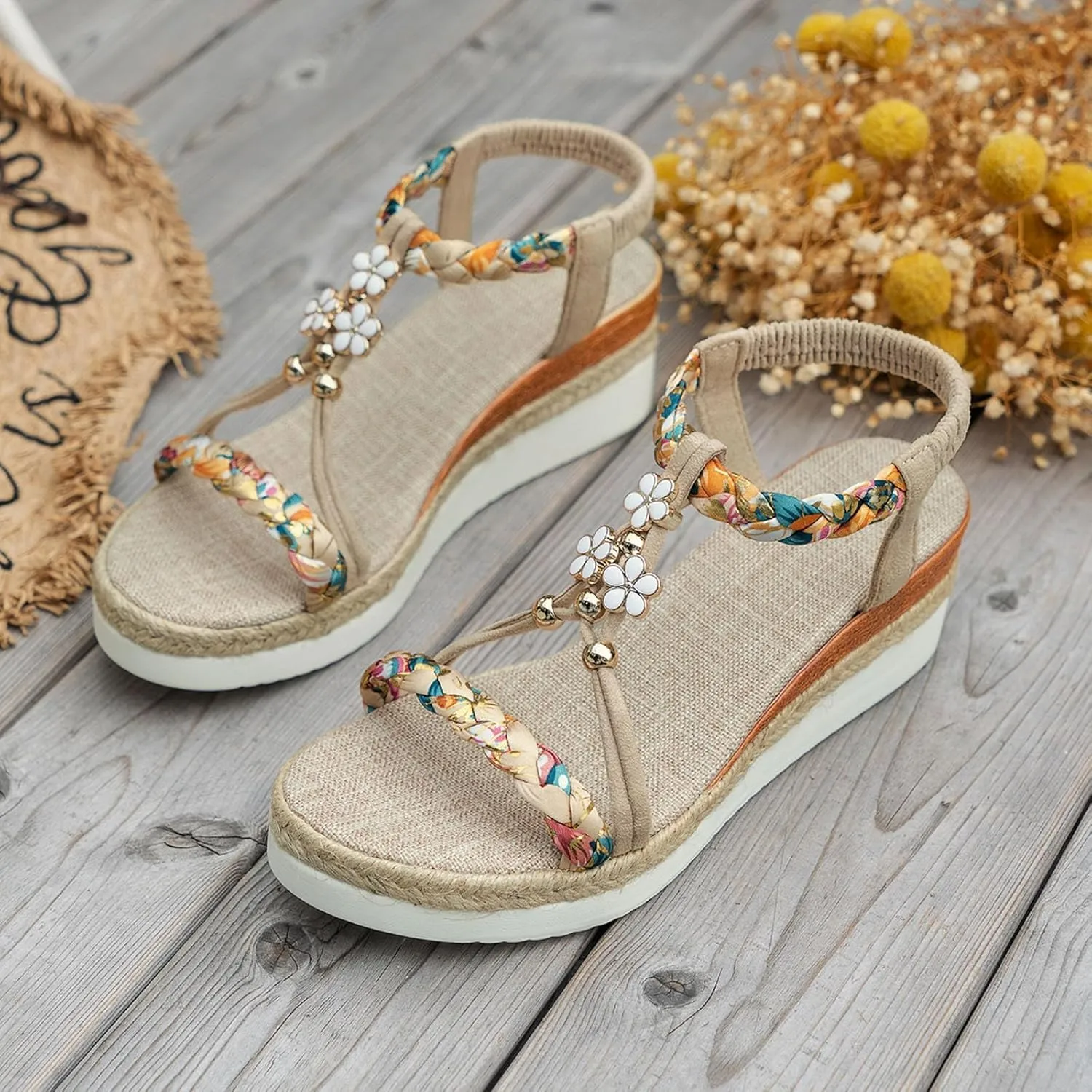 Boho Women's Wedge Sandals Wide Width Comfort Platform with Arch Support Elegant Ankle Strap Bohemian Sandals for Women Non-Slip Summer Beach Shoes Casual Dressy Walking Shoes