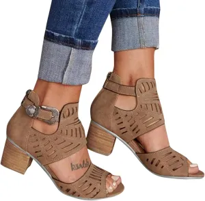 BORAMAX Ladies Ankle Buckle Sandals, Roman Sandals Casual Summer Hollow Open Toe High Chunky Heel Booties Black-10