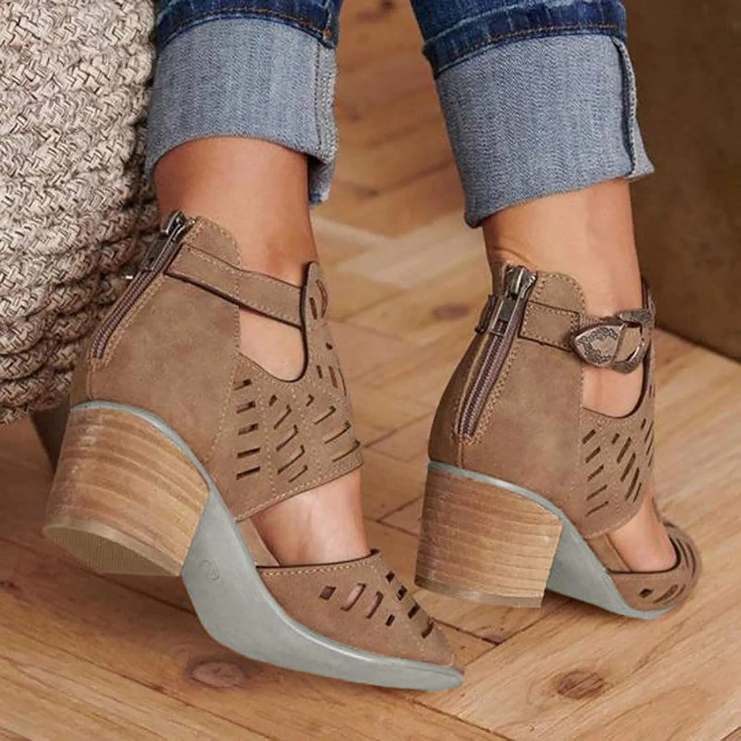 BORAMAX Ladies Ankle Buckle Sandals, Roman Sandals Casual Summer Hollow Open Toe High Chunky Heel Booties Black-10