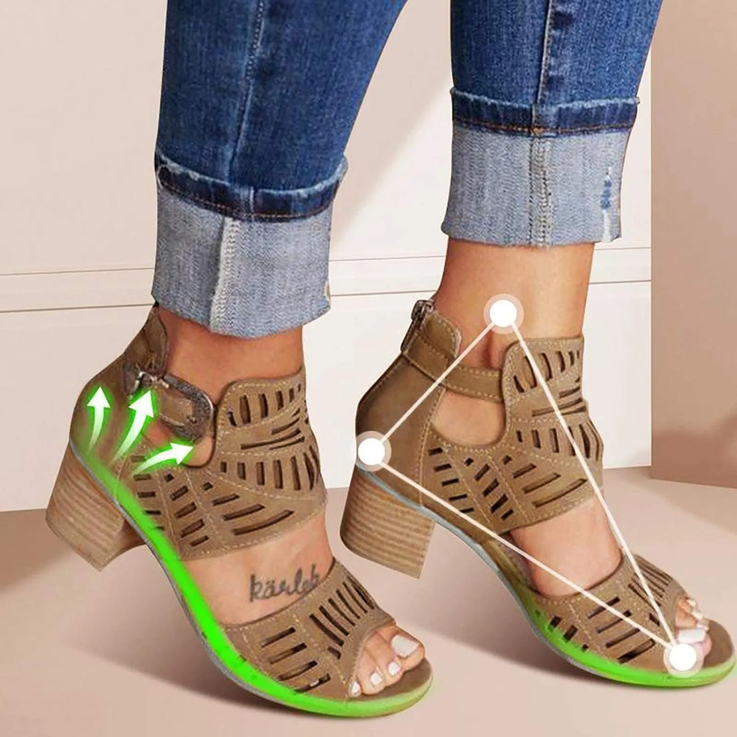 BORAMAX Ladies Ankle Buckle Sandals, Roman Sandals Casual Summer Hollow Open Toe High Chunky Heel Booties Black-10