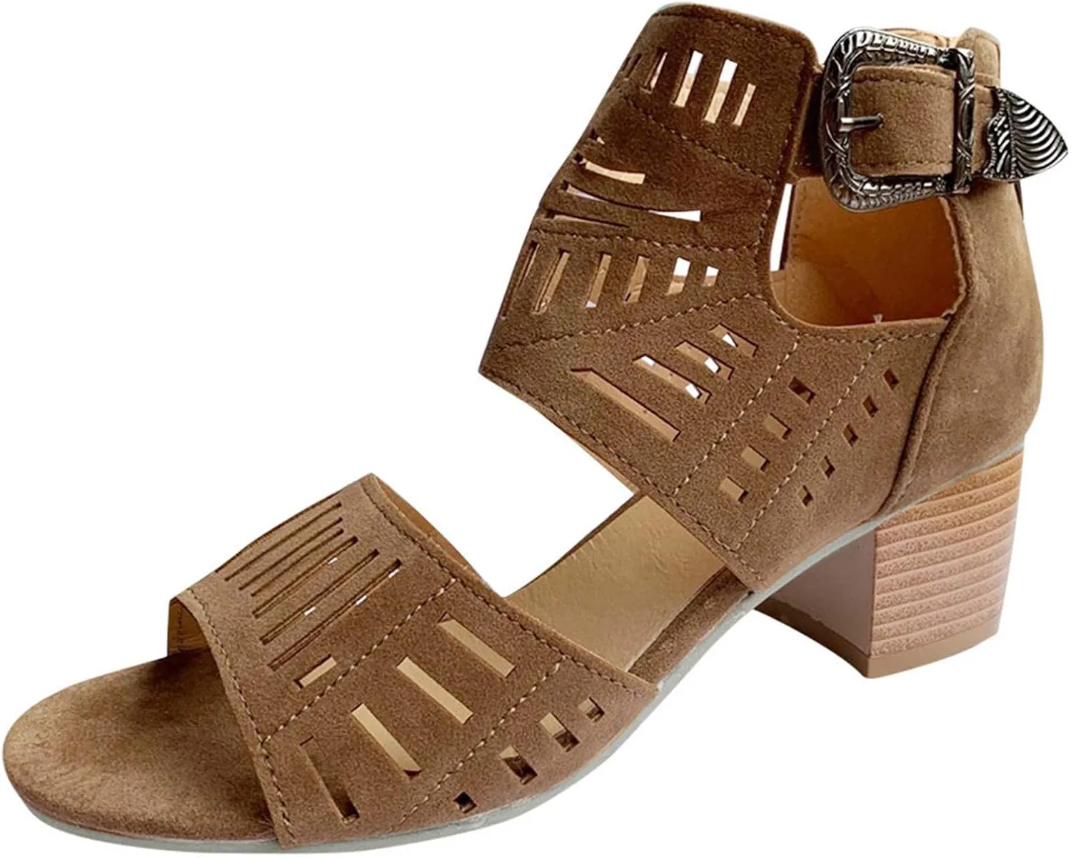 BORAMAX Ladies Ankle Buckle Sandals, Roman Sandals Casual Summer Hollow Open Toe High Chunky Heel Booties Black-10