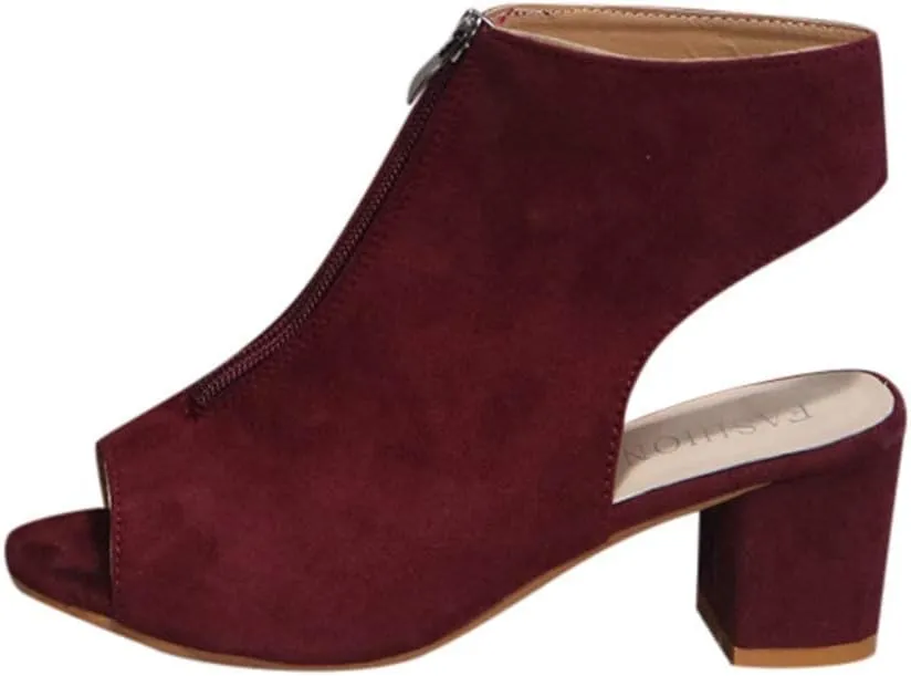 BORAMAX Womens Open Toe Heel Sandals,Fashion Cutout Side Strap Zipper Chunky Heel Sandals Slip On Ankle Backless Booties