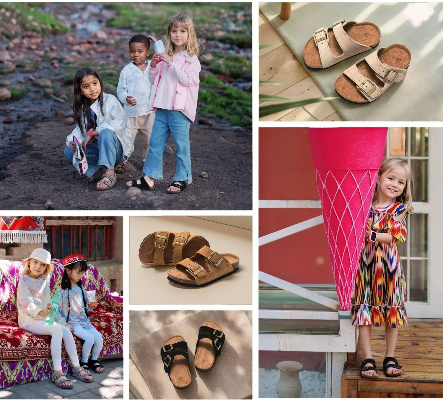 Boys Girls Summer Cork Footbed Slide Sandal, Arch Support Outdoor Suede Sandals with Adjustable Buckle for Toddler/Little Kid/Big Kid