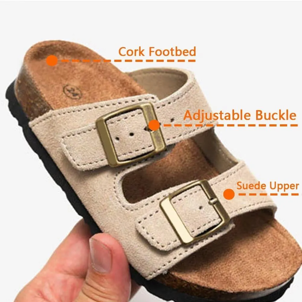 Boys Girls Summer Cork Footbed Slide Sandal, Arch Support Outdoor Suede Sandals with Adjustable Buckle for Toddler/Little Kid/Big Kid