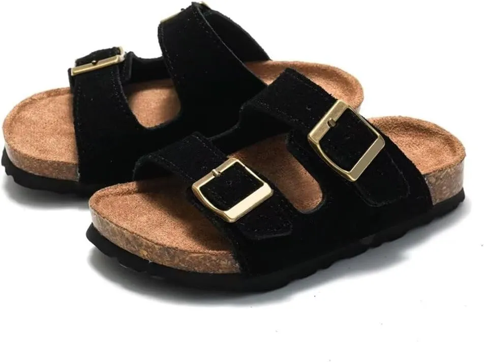 Boys Girls Summer Cork Footbed Slide Sandal, Arch Support Outdoor Suede Sandals with Adjustable Buckle for Toddler/Little Kid/Big Kid
