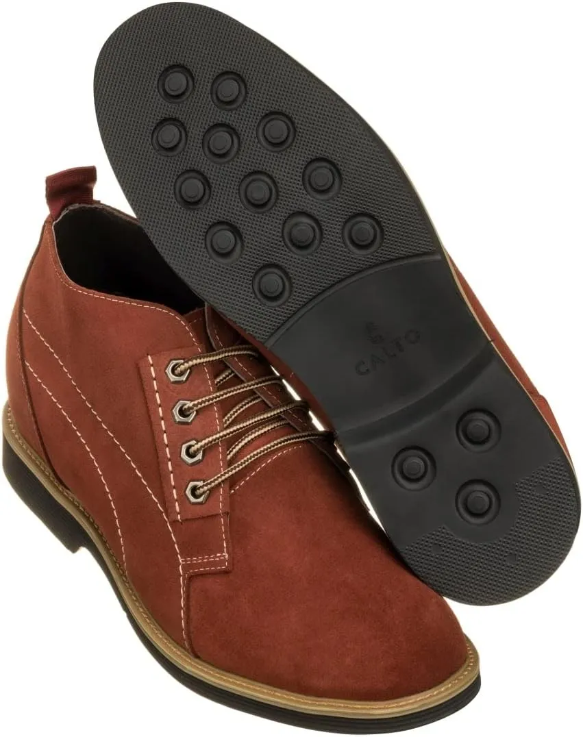 CALTO Men's Invisible Height Increasing Elevator Shoes - Burgundy Suede Leather Chukka Lace-up Ankle Boots - 3.2 Inches Taller - K9911 - Size 9 D(M) US