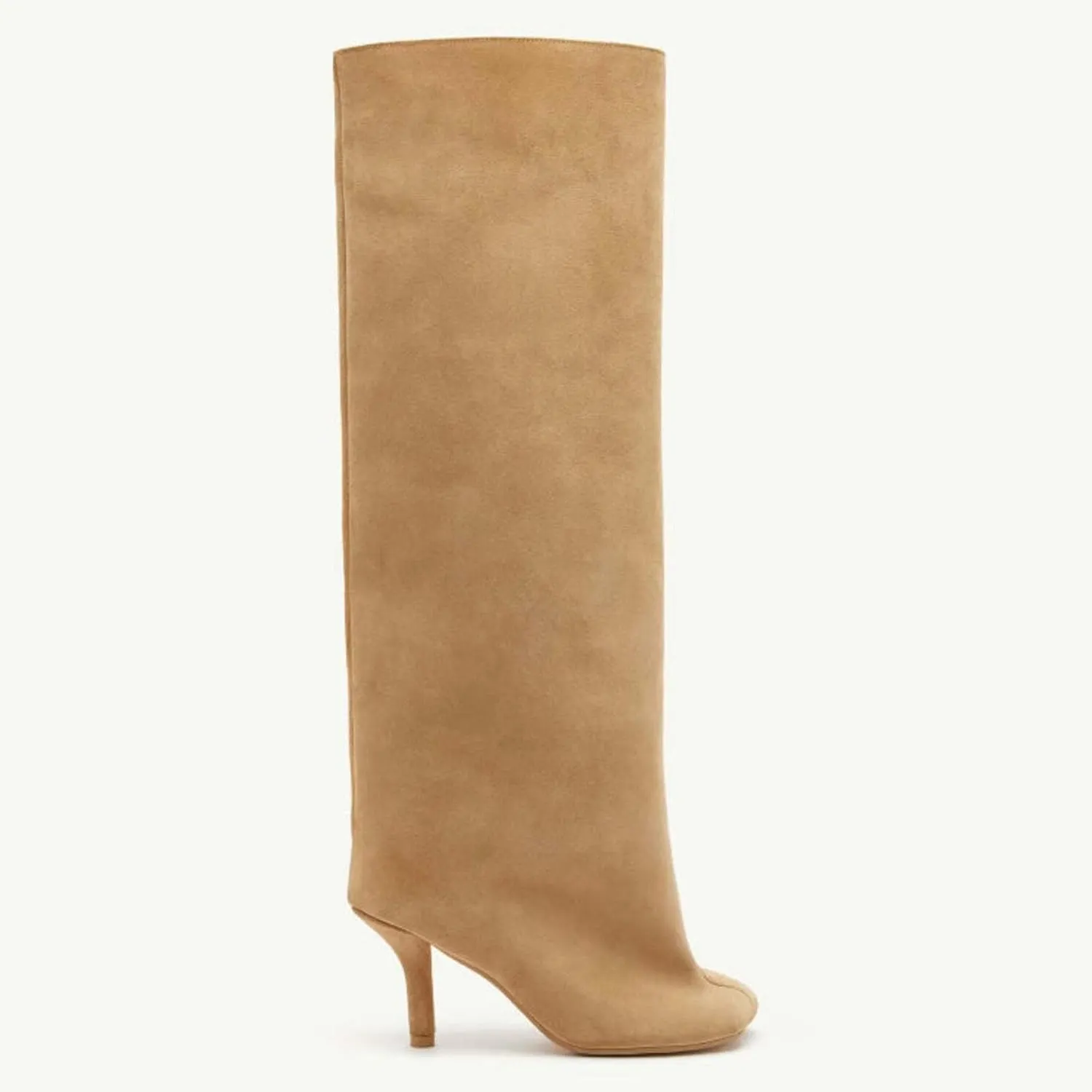 Camel Suede Knee High Boots for Women Slip On Heeled Boots Ladies Square Toe Wide Calf Stiletto High Heel Long Boots Pull On Dress Tall Boots Fall