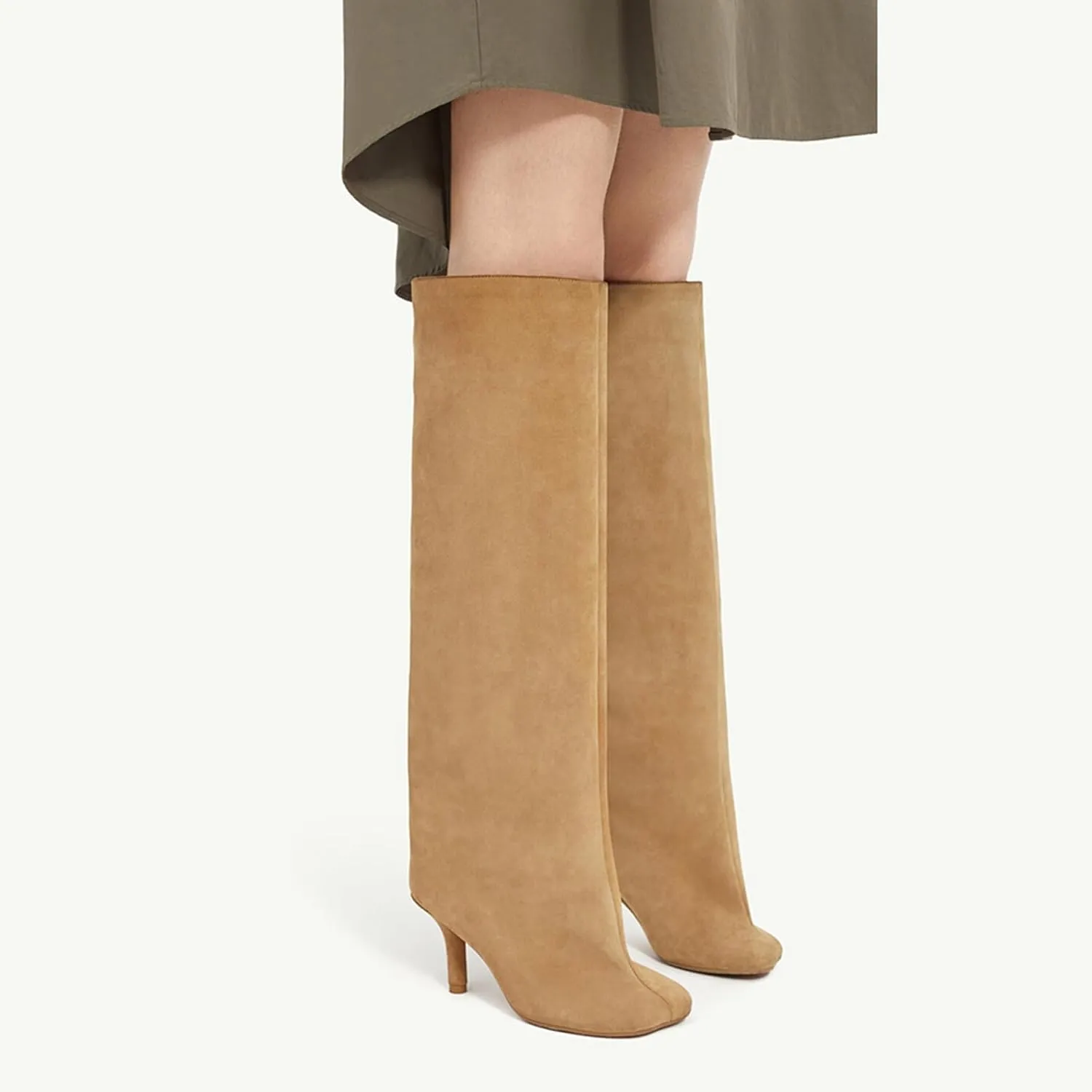 Camel Suede Knee High Boots for Women Slip On Heeled Boots Ladies Square Toe Wide Calf Stiletto High Heel Long Boots Pull On Dress Tall Boots Fall