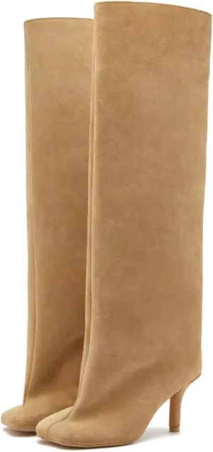 Camel Suede Knee High Boots for Women Slip On Heeled Boots Ladies Square Toe Wide Calf Stiletto High Heel Long Boots Pull On Dress Tall Boots Fall