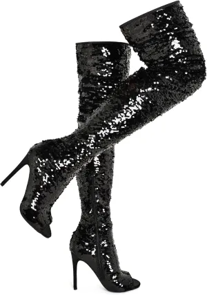 CAMSSOO Thigh High Boots Women's Sequins Over The Knee Boots Fashion Sexy High Heels Sparkle Thigh High Boots Open Toe Party Dance Stiletto Knee High Boots