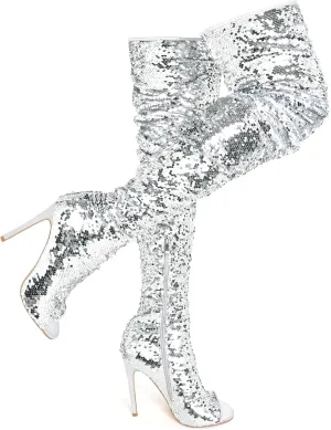 CAMSSOO Thigh High Boots Women's Sequins Over The Knee Boots Fashion Sexy High Heels Sparkle Thigh High Boots Open Toe Party Dance Stiletto Knee High Boots