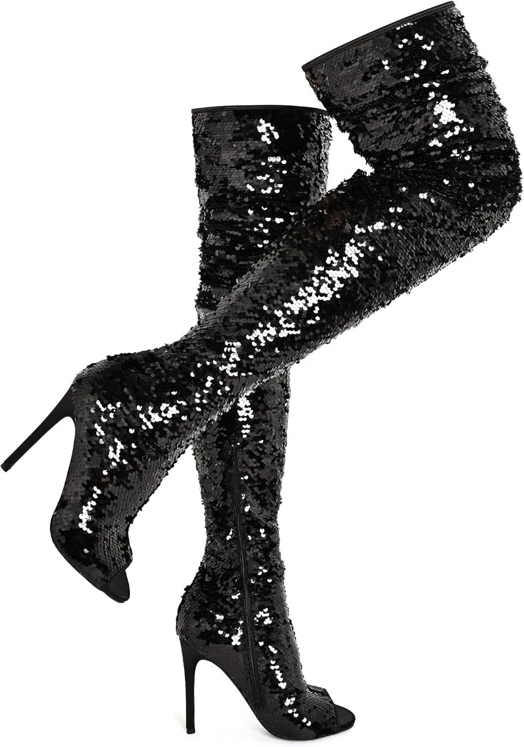 CAMSSOO Thigh High Boots Women's Sequins Over The Knee Boots Fashion Sexy High Heels Sparkle Thigh High Boots Open Toe Party Dance Stiletto Knee High Boots