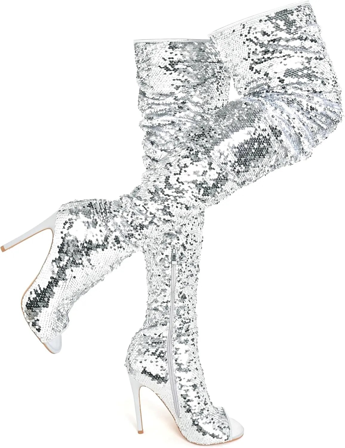 CAMSSOO Thigh High Boots Women's Sequins Over The Knee Boots Fashion Sexy High Heels Sparkle Thigh High Boots Open Toe Party Dance Stiletto Knee High Boots