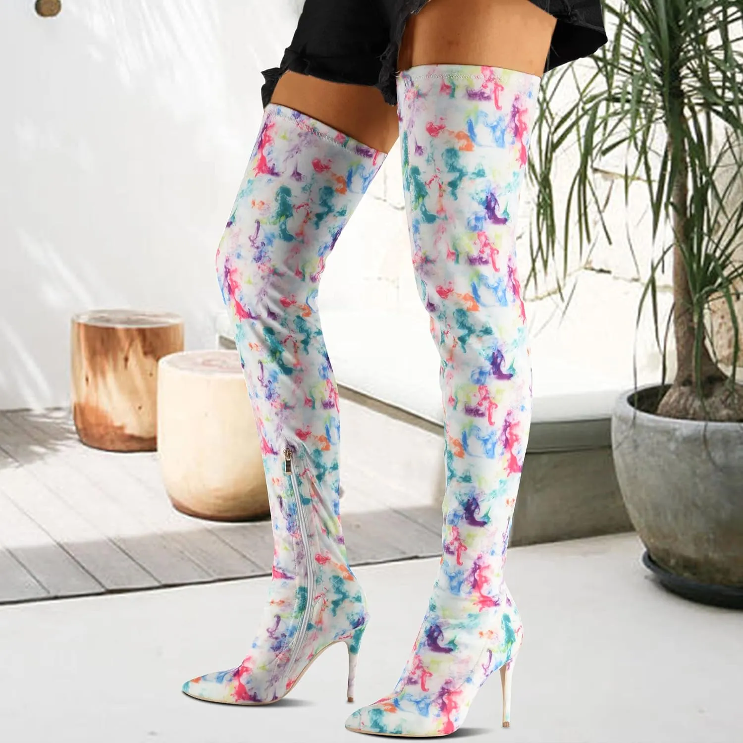 CAMSSOO Women's Thigh High Boots Faux Suede Elasticity Heels Over The Knee Boots Side Zip Pointed Toe Fashion Sexy Winter Stiletto Knee High Boots