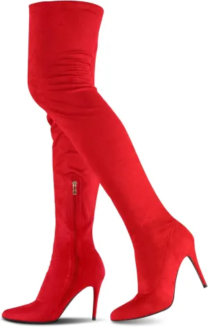 CAMSSOO Women's Thigh High Boots Faux Suede Elasticity Heels Over The Knee Boots Side Zip Pointed Toe Fashion Sexy Winter Stiletto Knee High Boots