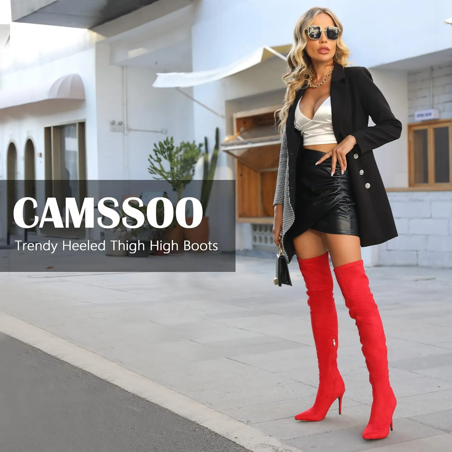 CAMSSOO Women's Thigh High Boots Faux Suede Elasticity Heels Over The Knee Boots Side Zip Pointed Toe Fashion Sexy Winter Stiletto Knee High Boots