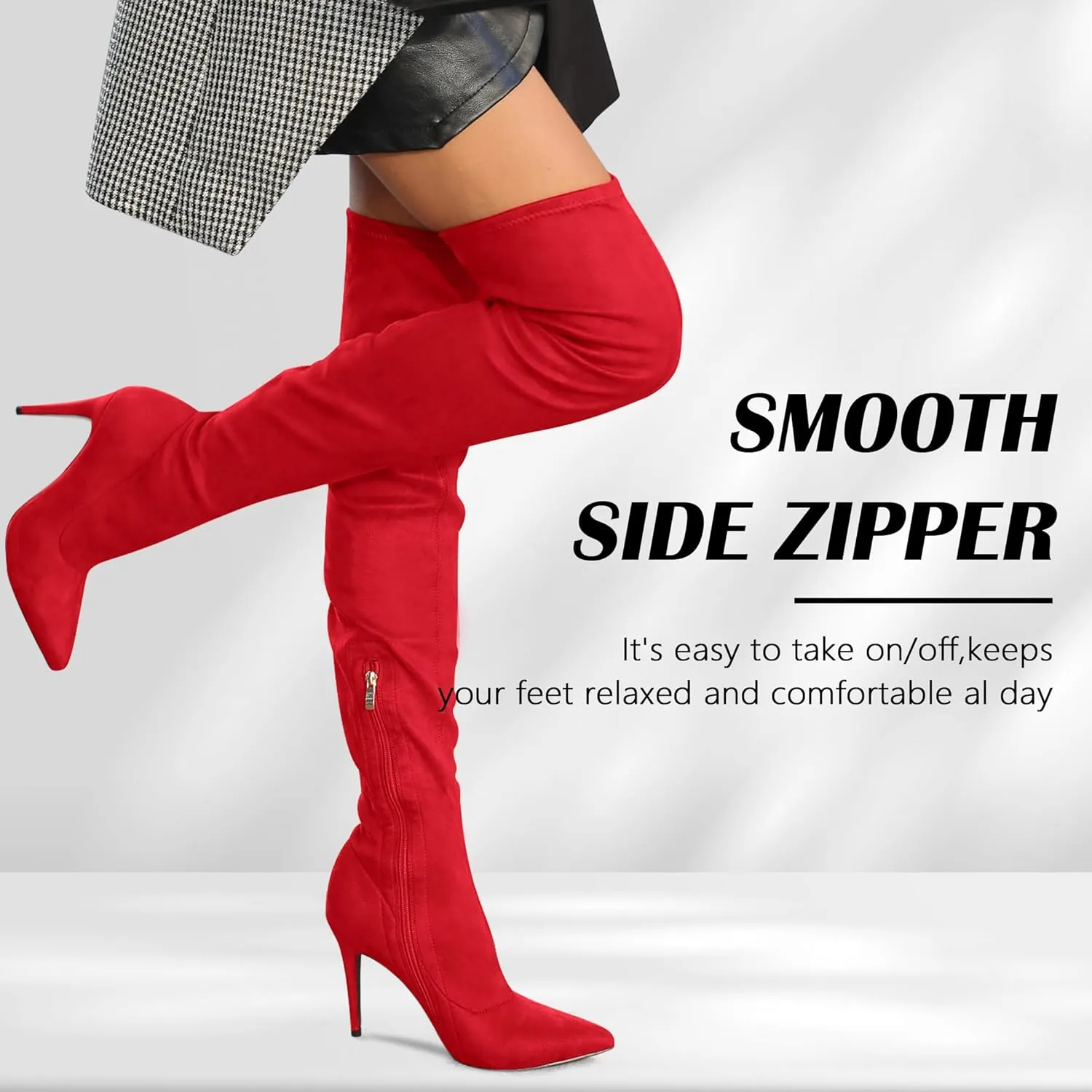 CAMSSOO Women's Thigh High Boots Faux Suede Elasticity Heels Over The Knee Boots Side Zip Pointed Toe Fashion Sexy Winter Stiletto Knee High Boots